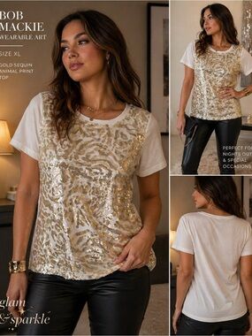 Bob Mackie Gold Sequin Animal-Print Short-Sleeve Tee Size L